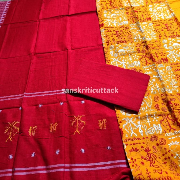 Yellow Red Embroidery Nuapatna Handloom Cotton Dress Material