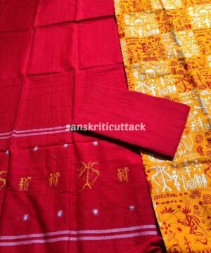 Yellow Red Embroidery Nuapatna Handloom Cotton Dress Material