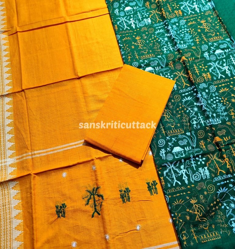 Green Yellow Embroidery Nuapatna Handloom Cotton Dress Material