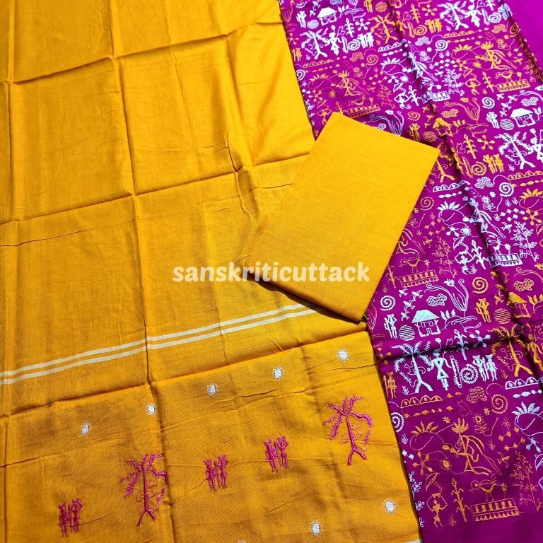 Pink Yellow Embroidery Nuapatna Handloom Cotton Dress Material