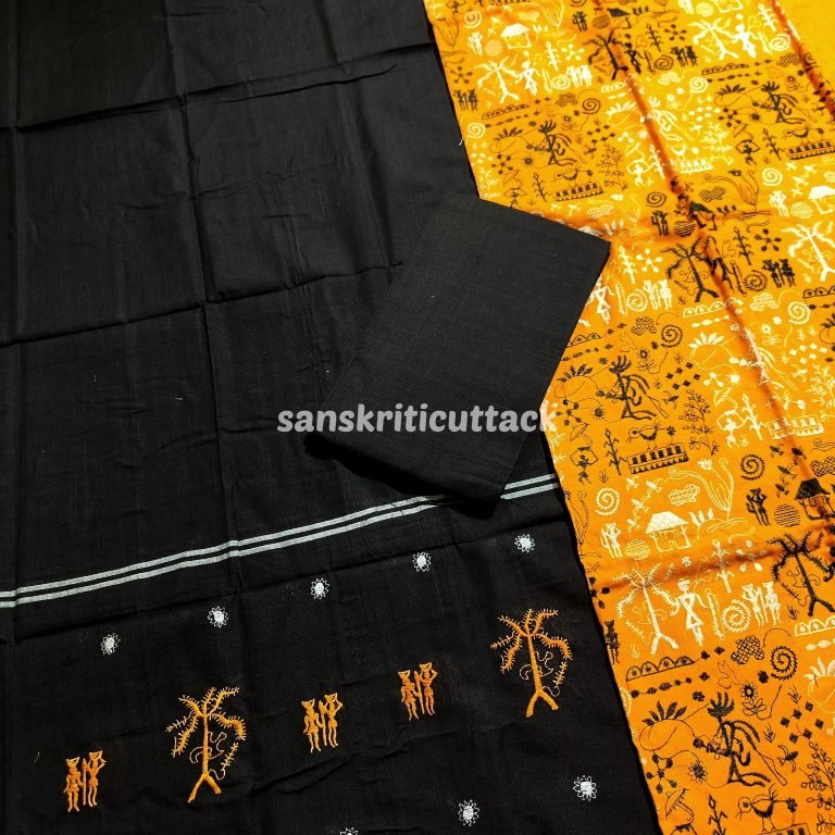 Yellow Black Embroidery Nuapatna Handloom Cotton Dress Material