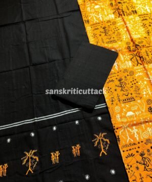 Yellow Black Embroidery Nuapatna Handloom Cotton Dress Material