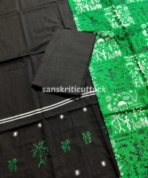 Dark Green Black Embroidery Nuapatna Handloom Cotton Dress Material
