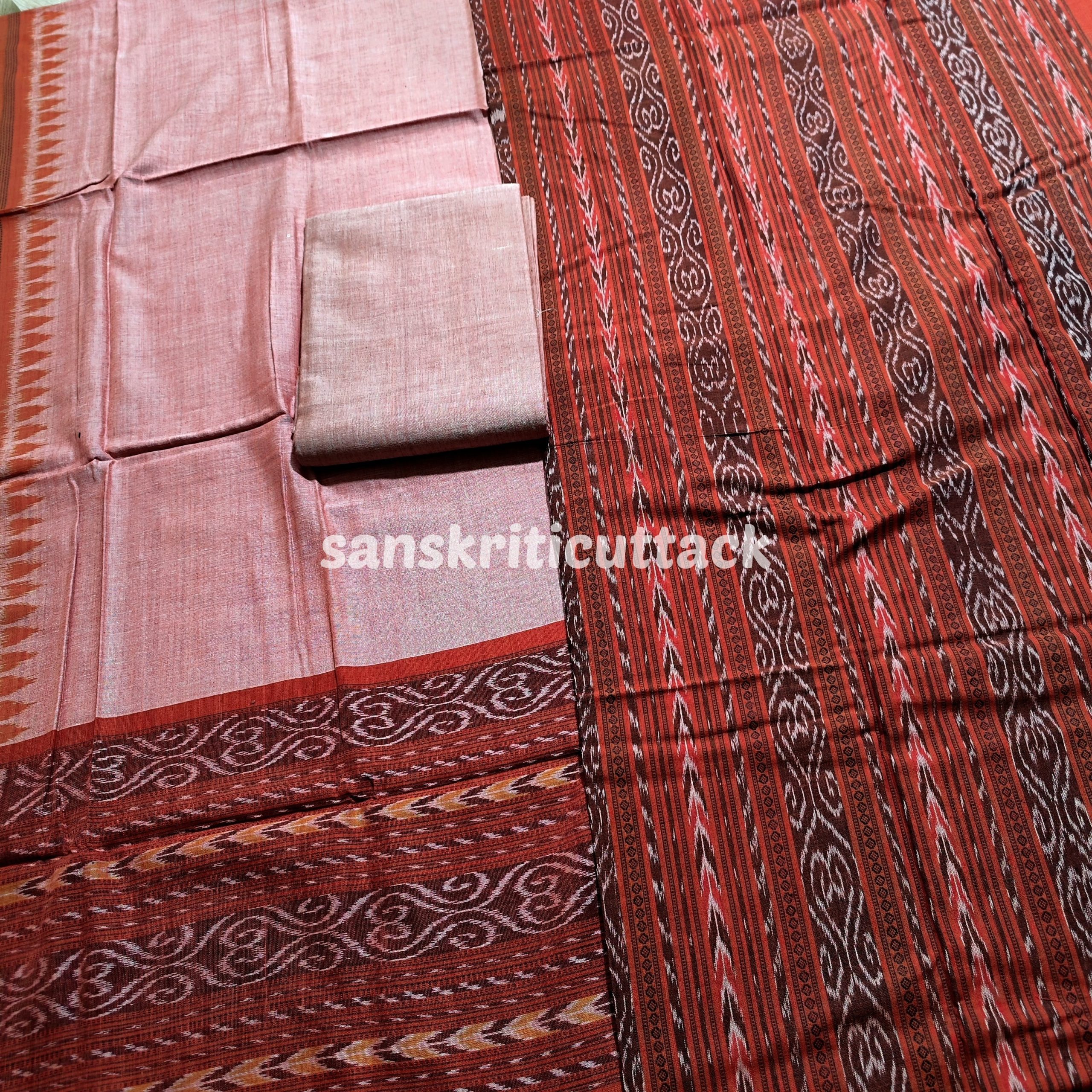 Clay Orange Cotton Handloom Sambalpuri Ikat Dress Material Sanskriti