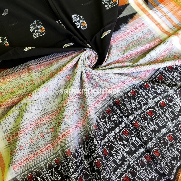 Black Elephant Bomkai Handwoven Cotton Saree
