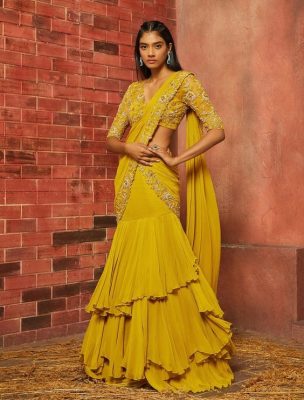 Get Flawless Elegance Your Ultimate Guide to Pre draped Ruffle Saree With Blouse Sanskriti Cuttack