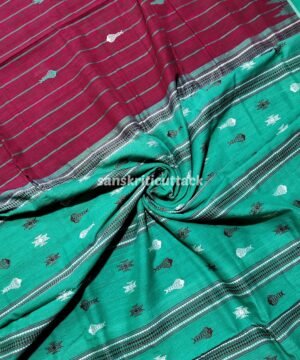 Maroon & Light Green Handwoven Kotpad Cotton Saree — Traditional Odisha Handloom Weave