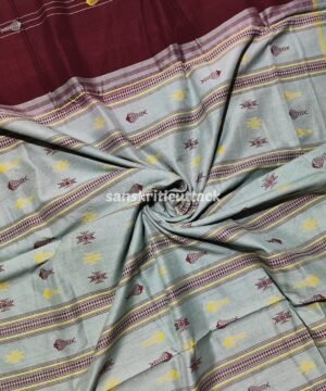Maroon & Mint Green Handloom Kotpad Cotton Saree — Traditional Odisha Weave