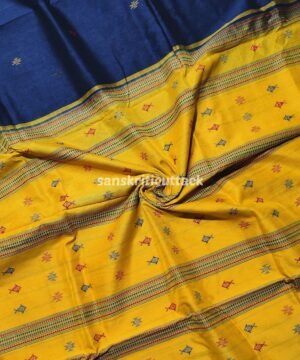 Navy Blue & Yellow Handloom Kotpad Cotton Saree — Authentic Odisha Weave