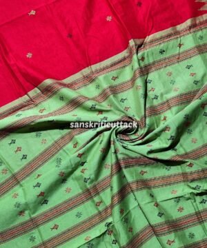 Red & Light Green Handloom Kotpad Cotton Saree — Authentic Odisha Weave
