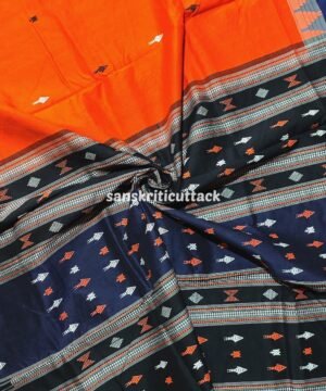 Tangerine Black Blue Handloom Kotpad Cotton Saree — Authentic Odisha Weave