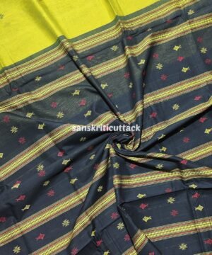 Lime & Black Handloom Kotpad Cotton Saree — Authentic Odisha Weave