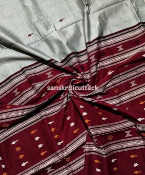 Grey & Maroon Handloom Kotpad Cotton Saree — Authentic Odisha Weave
