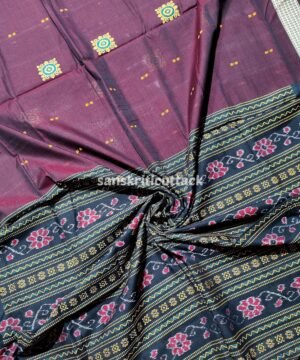 Dark Maroon Black Handcrafted Bomkai Cotton Saree