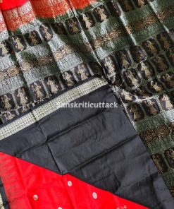 red black bomkai silk saree, Odisha handloom saree, traditional bomkai saree, buy bomkai pata saree, handcrafted bomkai silk, doll motif silk saree, red black pata saree, handwoven silk saree, authentic Odisha saree, bomkai saree online, buy Odisha handloom, elegant silk saree, festive bomkai saree, Indian handloom saree, silk saree with dolls, black red saree with kumbha, stylish bomkai silk, best bomkai saree, red and black saree, cultural bomkai saree, Odisha bomkai saree, bomkai saree with blouse, red silk saree, red and black silk saree, traditional Odisha handloom, saree for special occasions, festive handloom saree, Odisha silk saree, bomkai saree online shopping, handcrafted bomkai silk