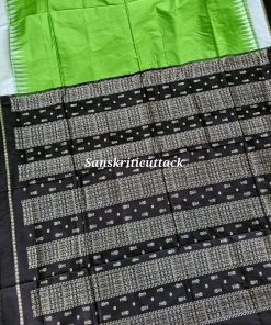 Radiant Parrot Green Bomkai Silk Saree with Black Fishbone Pallu Handwoven in Sonepur Odisha by Sanskriti Cuttack