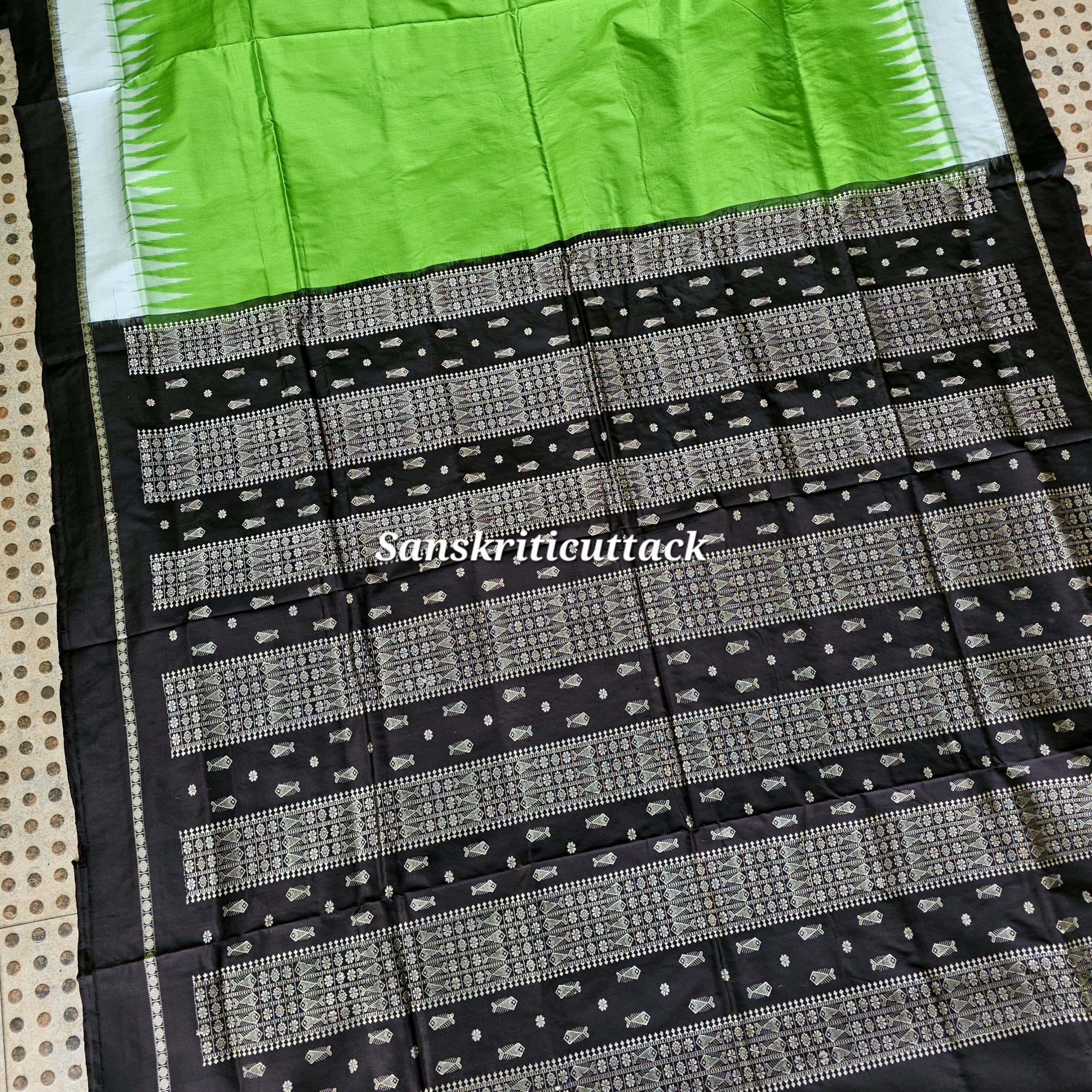 20260204_154433(1) Radiant Parrot Green Bomkai Silk Saree with Black Fishbone Pallu Handwoven in Sonepur Odisha by Sanskriti Cuttack