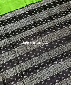 Radiant Parrot Green Bomkai Silk Saree with Black Fishbone Pallu Handwoven in Sonepur Odisha by Sanskriti Cuttack