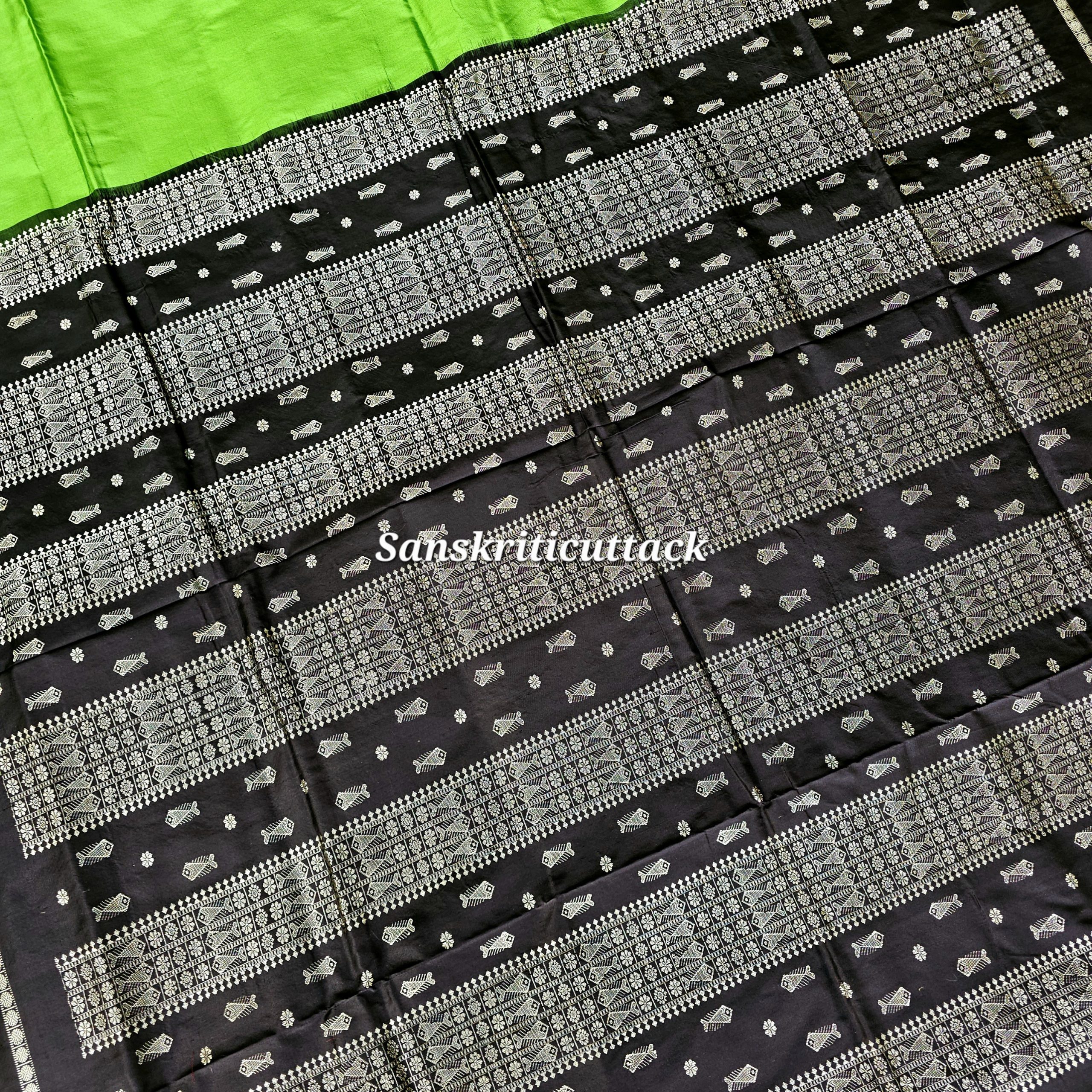 20260204_154440(1) Radiant Parrot Green Bomkai Silk Saree with Black Fishbone Pallu Handwoven in Sonepur Odisha by Sanskriti Cuttack