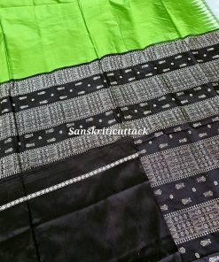 Radiant Parrot Green Bomkai Silk Saree with Black Fishbone Pallu Handwoven in Sonepur Odisha by Sanskriti Cuttack