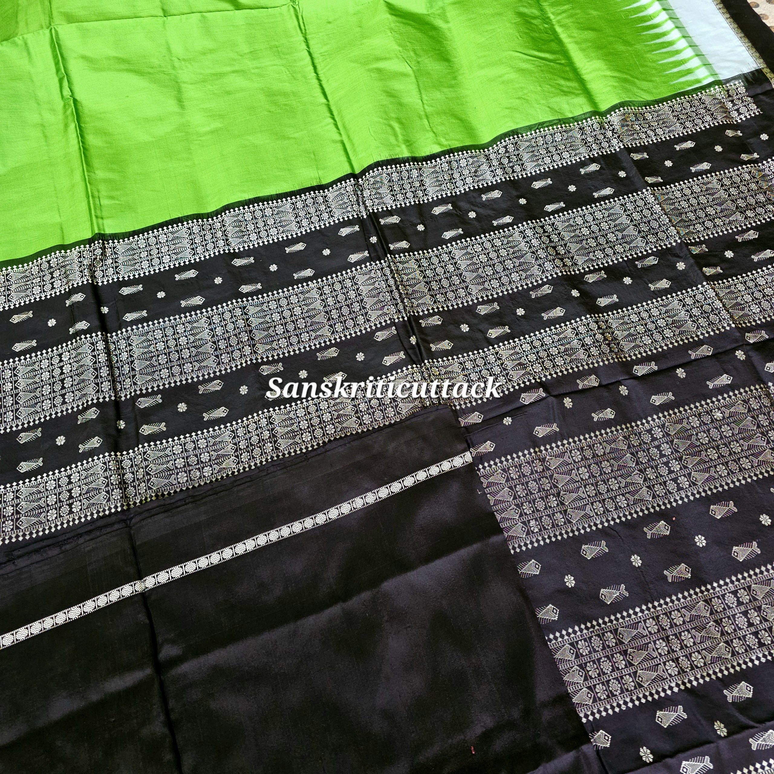 20260204_154459(1) Radiant Parrot Green Bomkai Silk Saree with Black Fishbone Pallu Handwoven in Sonepur Odisha by Sanskriti Cuttack