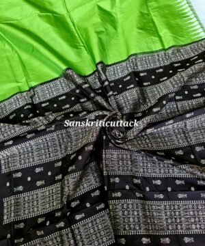 Radiant Parrot Green Bomkai Silk Saree with Black Fishbone Pallu Handwoven in Sonepur Odisha by Sanskriti Cuttack