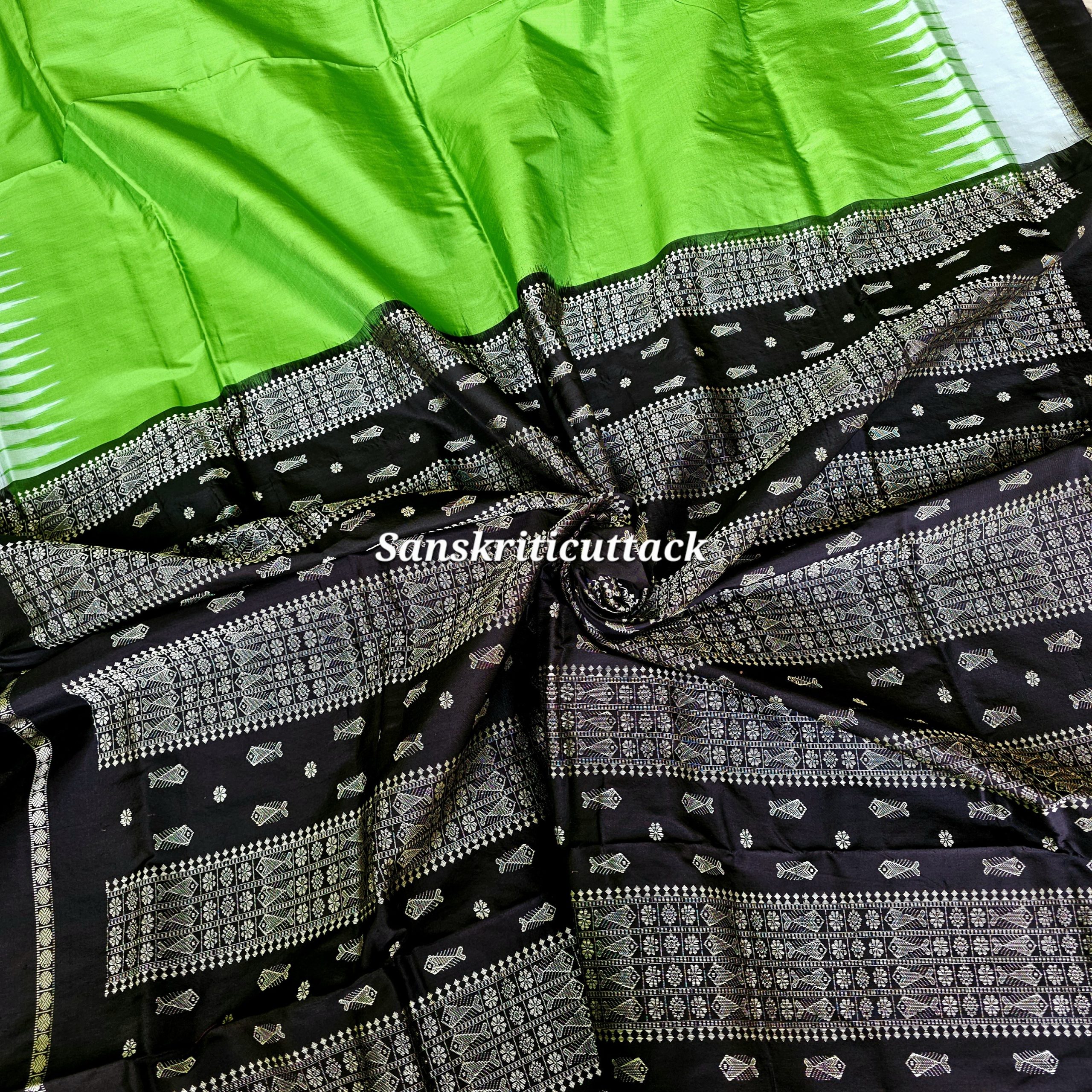 20260204_154540(1) Radiant Parrot Green Bomkai Silk Saree with Black Fishbone Pallu Handwoven in Sonepur Odisha by Sanskriti Cuttack
