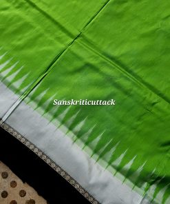 Radiant Parrot Green Bomkai Silk Saree with Black Fishbone Pallu Handwoven in Sonepur Odisha by Sanskriti Cuttack