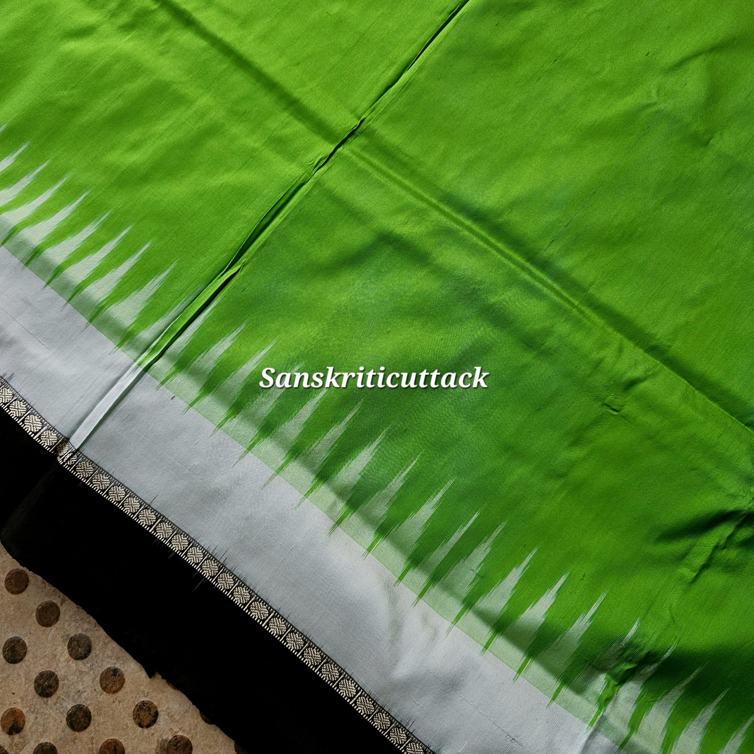 20260204_154815(1) Radiant Parrot Green Bomkai Silk Saree with Black Fishbone Pallu Handwoven in Sonepur Odisha by Sanskriti Cuttack