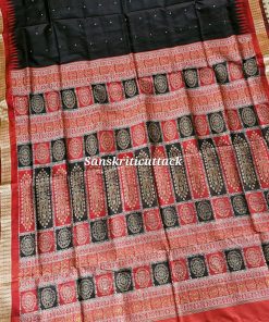 “Black Maroon Bomkai Silk Saree with Rudraksha Border from Sonepur by Sanskriti Cuttack”