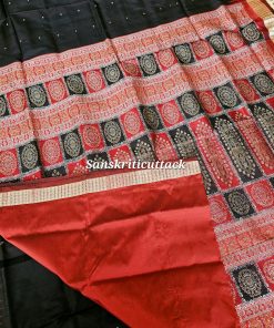 “Black Maroon Bomkai Silk Saree with Rudraksha Border from Sonepur by Sanskriti Cuttack”