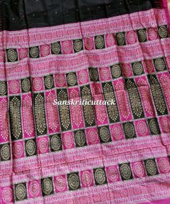 Pink Bomkai pallu with intricate extra weft weaving on Black Pink Bomkai Silk Saree from Odisha handloom