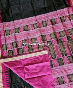 Matching pink blouse piece included with handloom Black Pink Bomkai Silk Saree from Sonepur