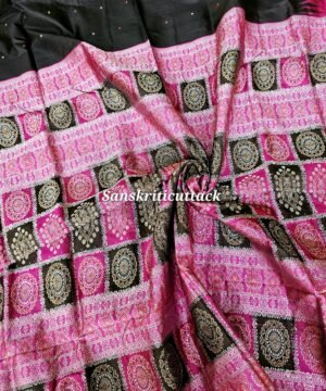 Black Pink Bomkai Silk Saree handwoven in Sonepur Odisha with pink rudraksh border and temple design by Sanskriti Cuttack