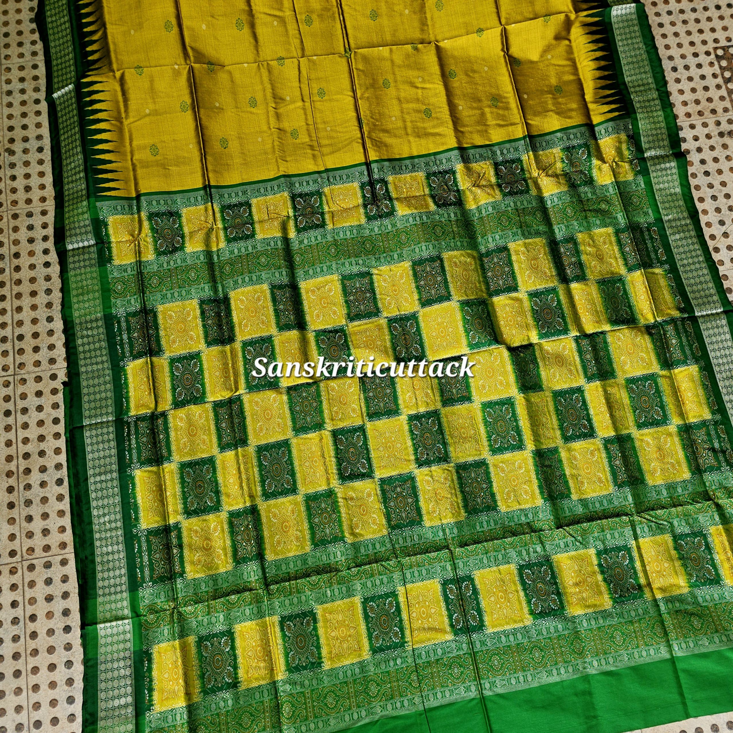 20260204_160027(1) Authentic Bomkai Handloom Silk Saree from Sonepur, Odisha – Golden Body with Green Temple Border