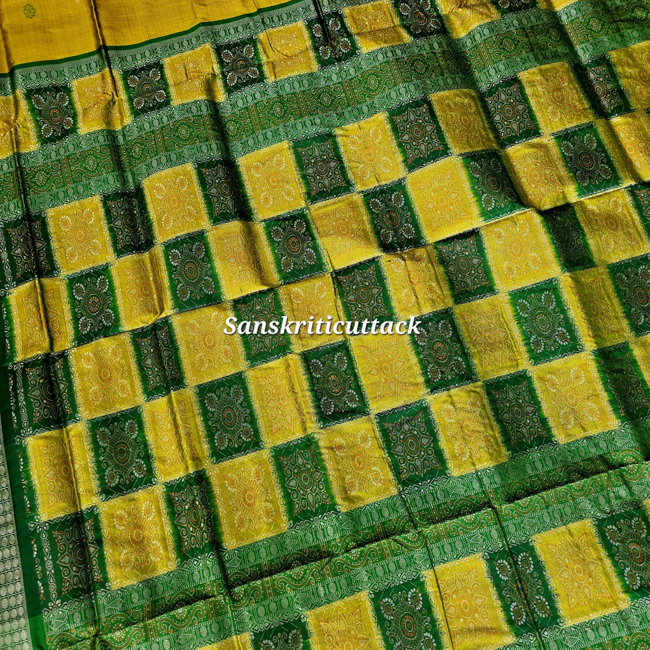 20260204_160031(1) Intricate Bomkai extra weft weaving on green and golden silk pallu, authentic Sonepur handloom saree