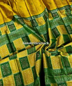 Luxury Bomkai handloom silk saree with golden body and green pallu, temple and rudraksha border, handcrafted in Sonepur Odisha by Sanskriti Cuttack