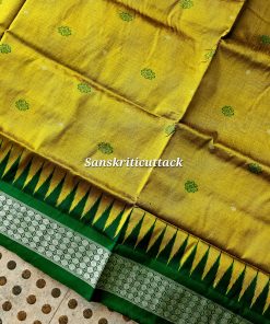 Green temple and rudraksha border detail on Bomkai silk saree, premium Odisha handloom craftsmanship