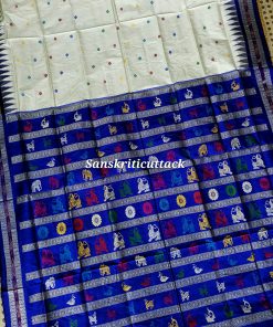 Luxury Bomkai silk saree in royal blue and ivory featuring elephants, lions, deer and duck motifs woven in extra weft technique