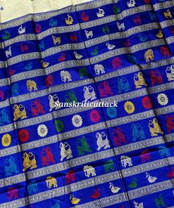 High-end Bomkai silk saree for weddings and collectors featuring intricate extra weft motifs on royal blue background