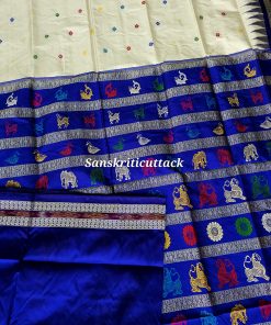 Authentic Odisha handloom Bomkai silk saree with multicolor woven pallu design and royal blue blouse piece attached