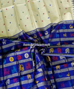 Royal Blue Ivory Bomkai Silk Saree handwoven in Sonepur Odisha with multicolor animal motif pallu and floral butis – Sanskriti Cuttack