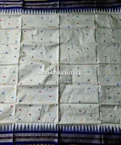 Premium Sonepur Bomkai silk saree with ivory body, floral butis and royal blue border – heritage Indian handwoven silk