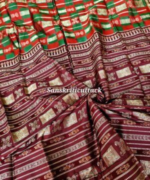 Christmas Green and Red Bomkai Silk Saree with Coffee Maroon Pallu and Rudraksh Border – Handwoven Sonepur Odisha by Sanskriti Cuttack