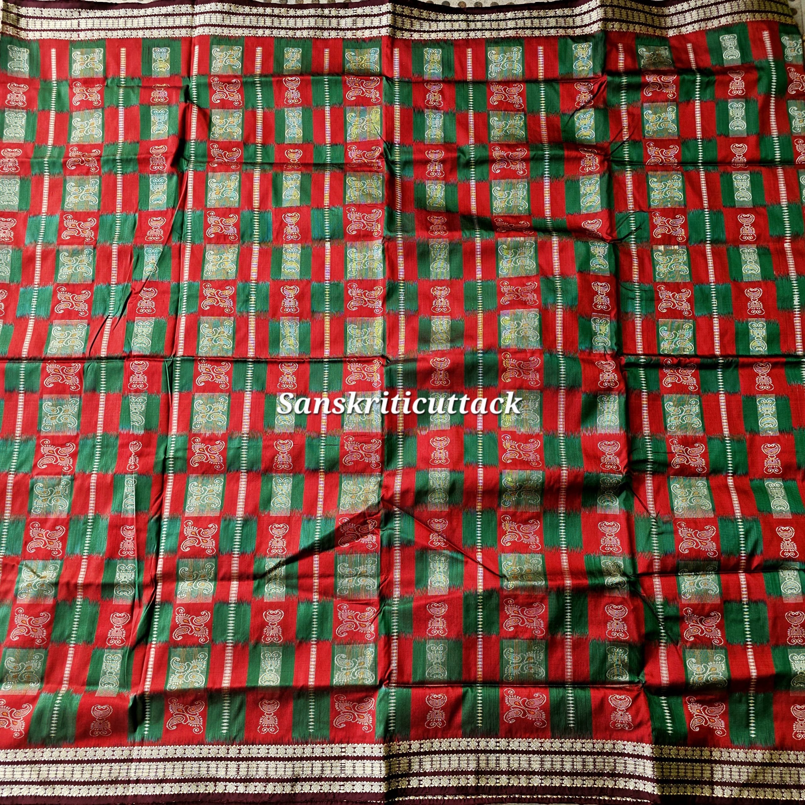 20260204_161044(1) Christmas Green and Red Patch Weave Body on Pure Silk Bomkai Saree
