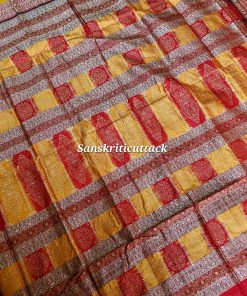 Premium Sonepur Bomkai silk saree featuring elaborate red and yellow pallu design