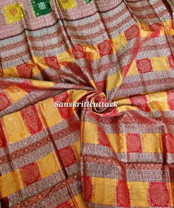 Golden yellow and red Bomkai silk saree handwoven in Sonepur Odisha with intricate extra weft detailing on pallu