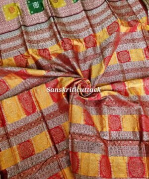 Golden yellow and red Bomkai silk saree handwoven in Sonepur Odisha with intricate extra weft detailing on pallu
