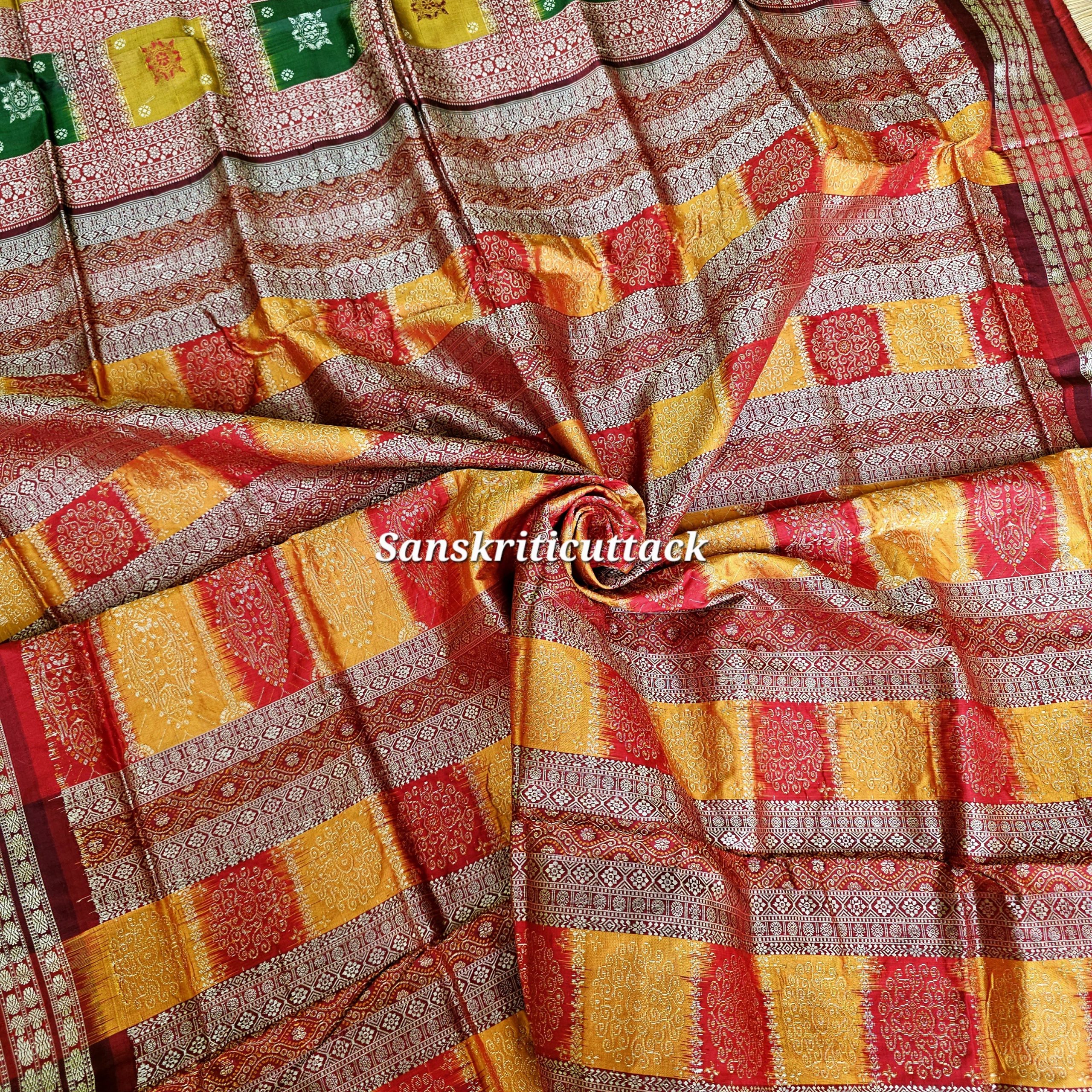 20260205_150731(1) Golden yellow and red Bomkai silk saree handwoven in Sonepur Odisha with intricate extra weft detailing on pallu