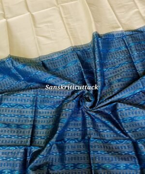 Authentic Sambalpuri Ikat silk saree in white with copper blue